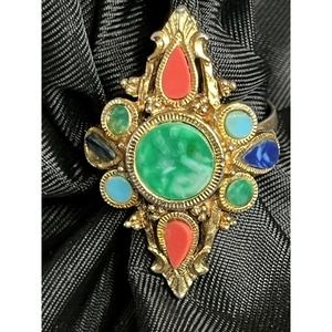 Vintage Mode Art Adjustable Ring Multi Gem Gold Tone Victorian Revival Style